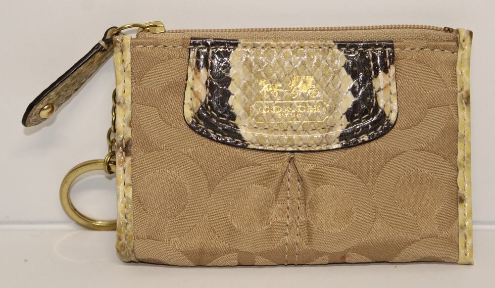Coach Mini Skinny ID Case Key Pouch Signature Snakeskin Trim Khaki Tan Keychain